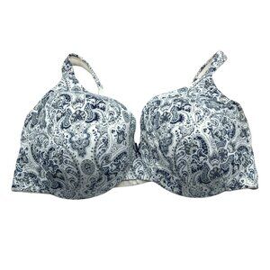 Cacique Lightly Lined Full Coverage Bra White & Blue Paisley Print 46DD